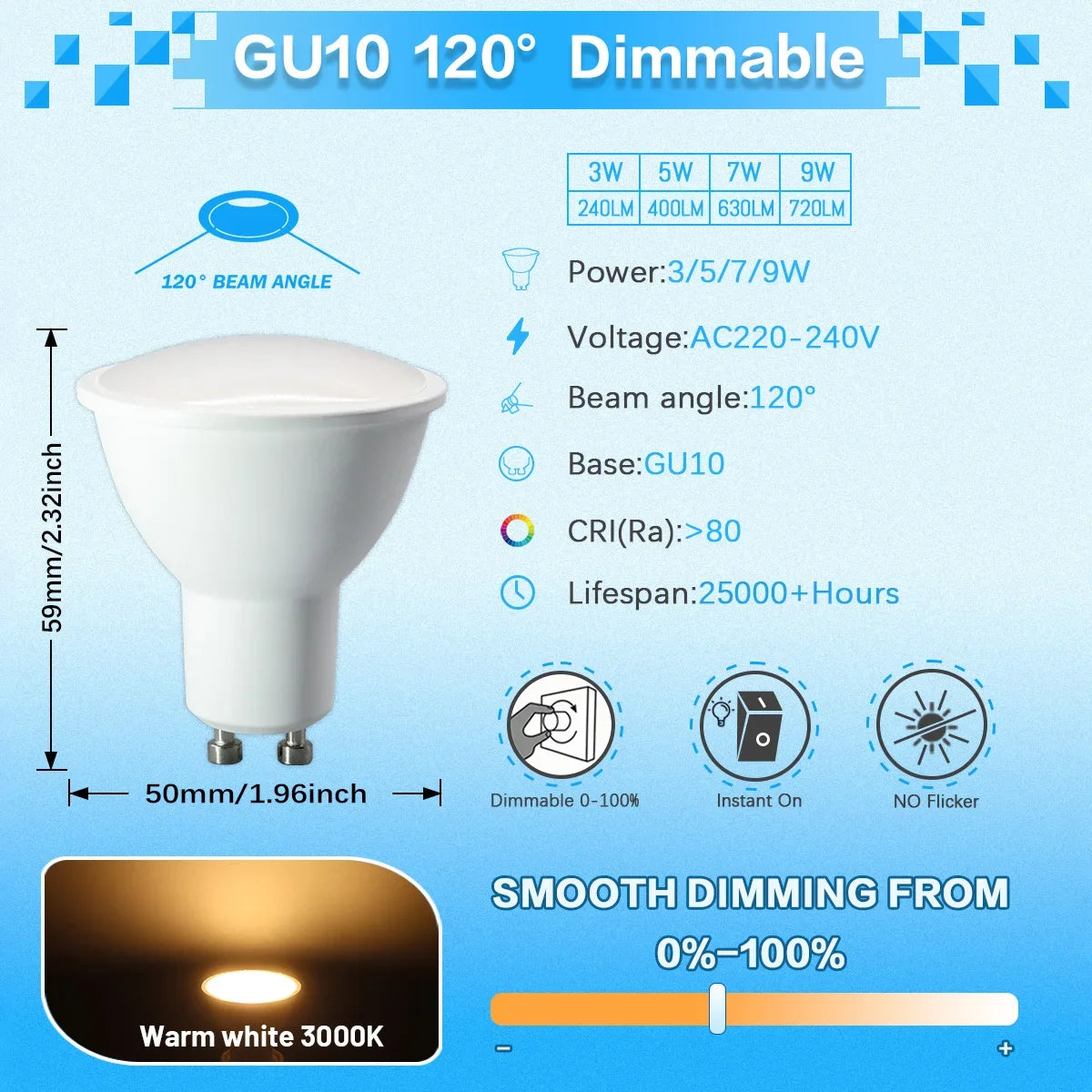 12PCS GU10 Dimmable Spot Bulbs 3W 9W 7W 5W Warm/Cool White 3000K 4000K 6000K LED Light Bulb GU10 Base  for Appliance Dimmable