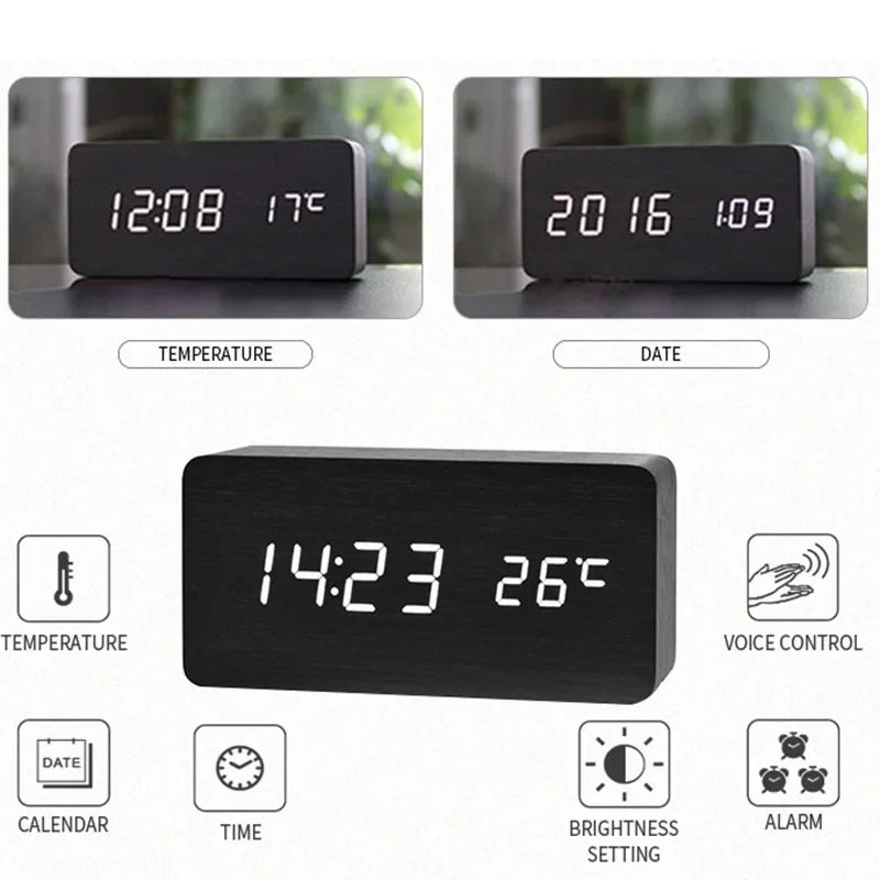 Retro wooden LED digital alarm clock silent with temperature night light electronic fashion wooden clock living room bedside