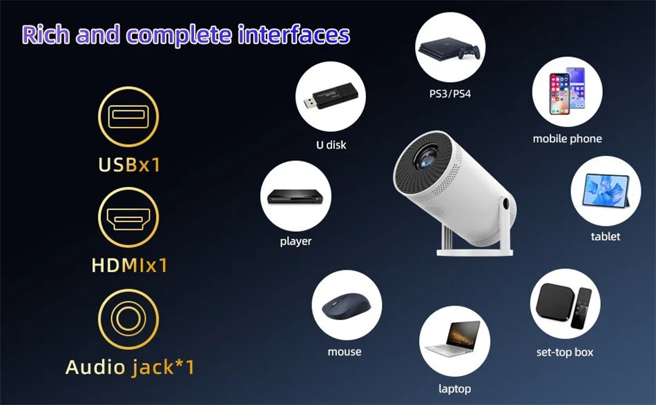 Projecteur de Cinéma Maison HOT FY300 - Support 4K, Dual Wifi6, Luminosité 260 ANSI et Rotation Flexible 180°