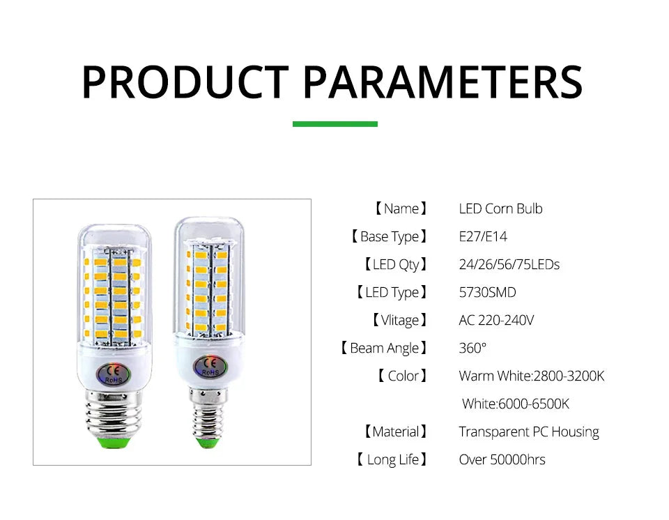 E27 LED Lamp E14 LED SMD 5730 220V Corn Light Bulbs 24 36 56 72LEDs Lamparas LED Chandelie For Home Decoration Ampoule Led Light